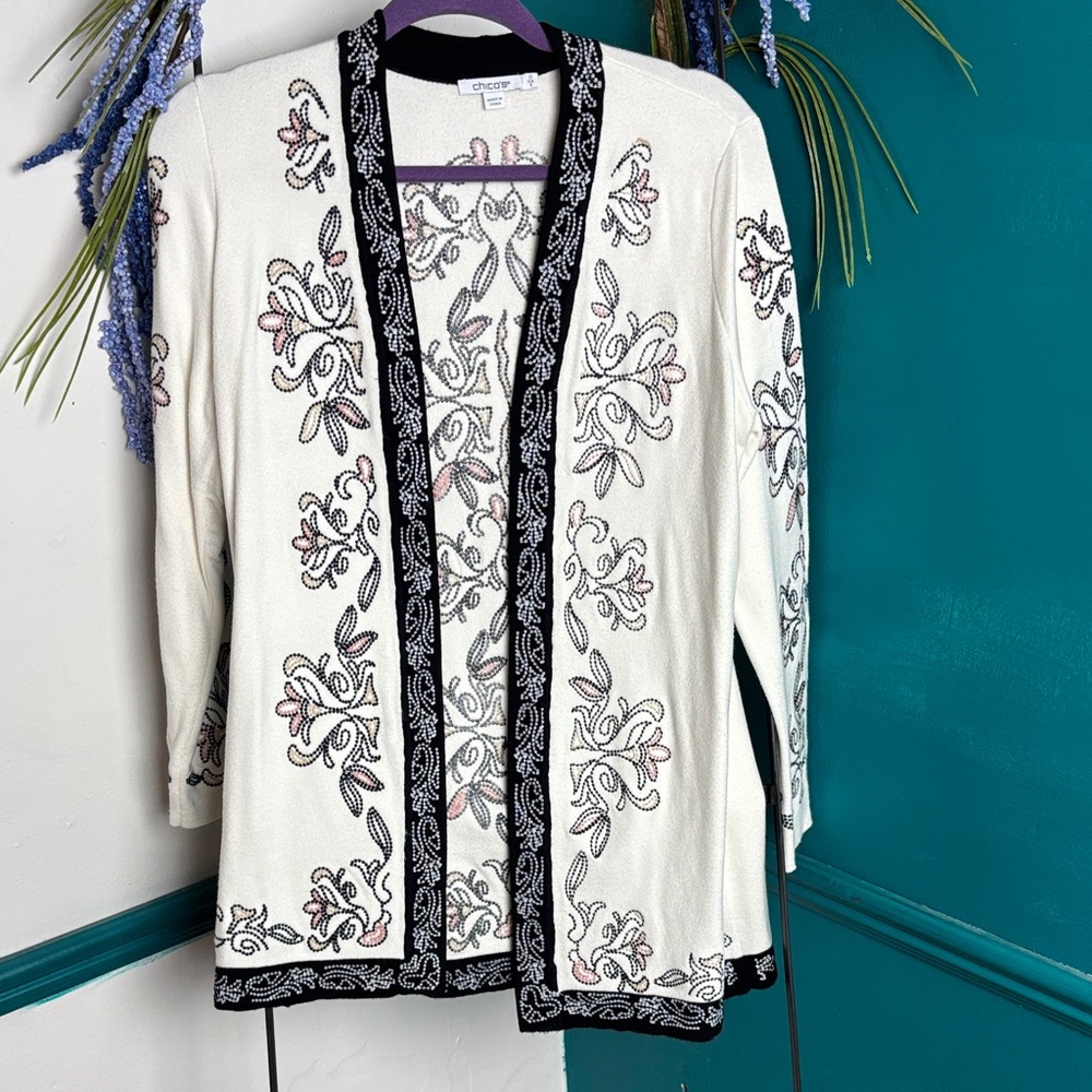 Chicos Embroidered Open Front Cardigan - Cream with Black Trim
